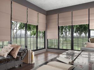Manual Roman blinds in Dubai with classic fabric design
