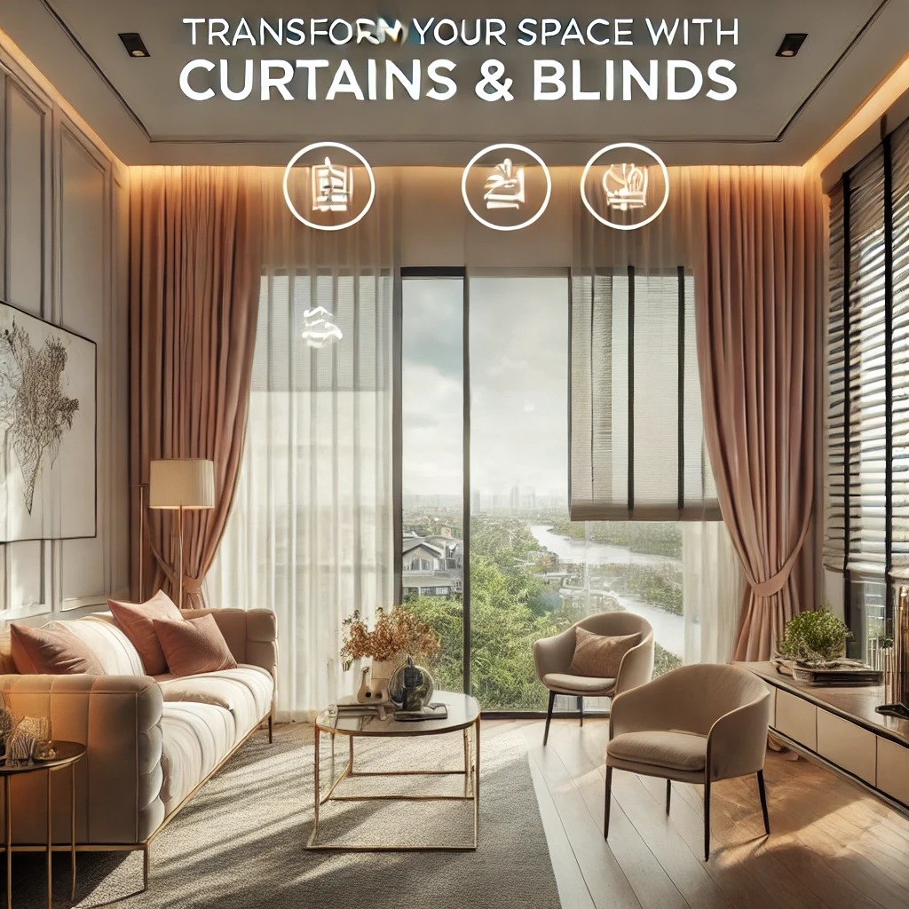 Cozy living room with modern curtains and blinds