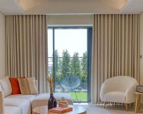 Interior design showcase with coordinated curtains and home decor.