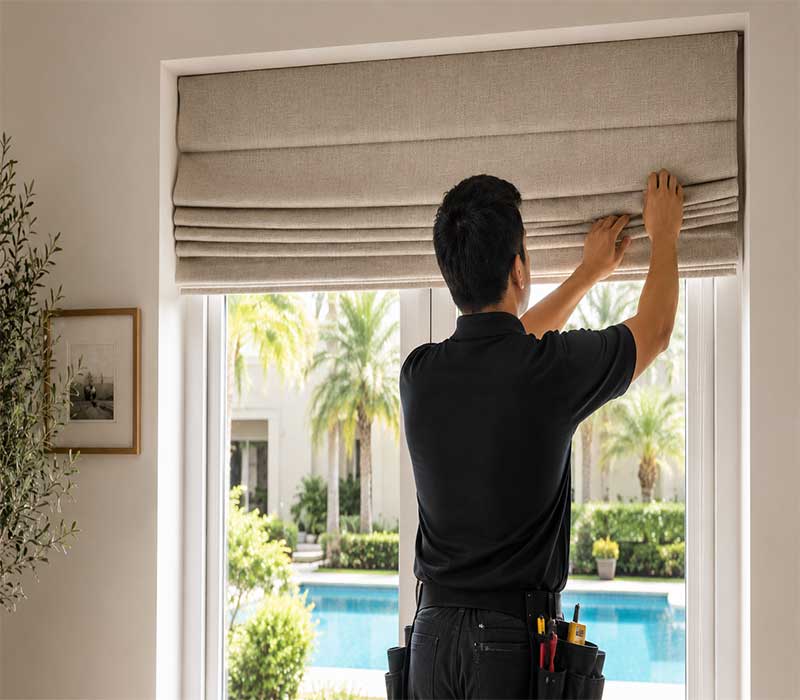 Expert window treatment installers fitting custom-made Roman blinds in The Meadows.