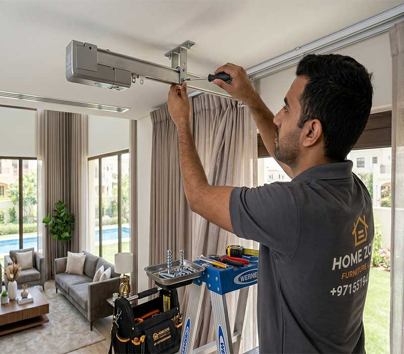 Experienced window treatment installers fitting heavy-duty curtain tracks.)