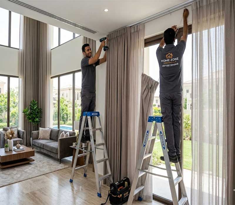 Professional curtain fixing in an Arabian Ranches luxury villa by Home Zone Furniture.