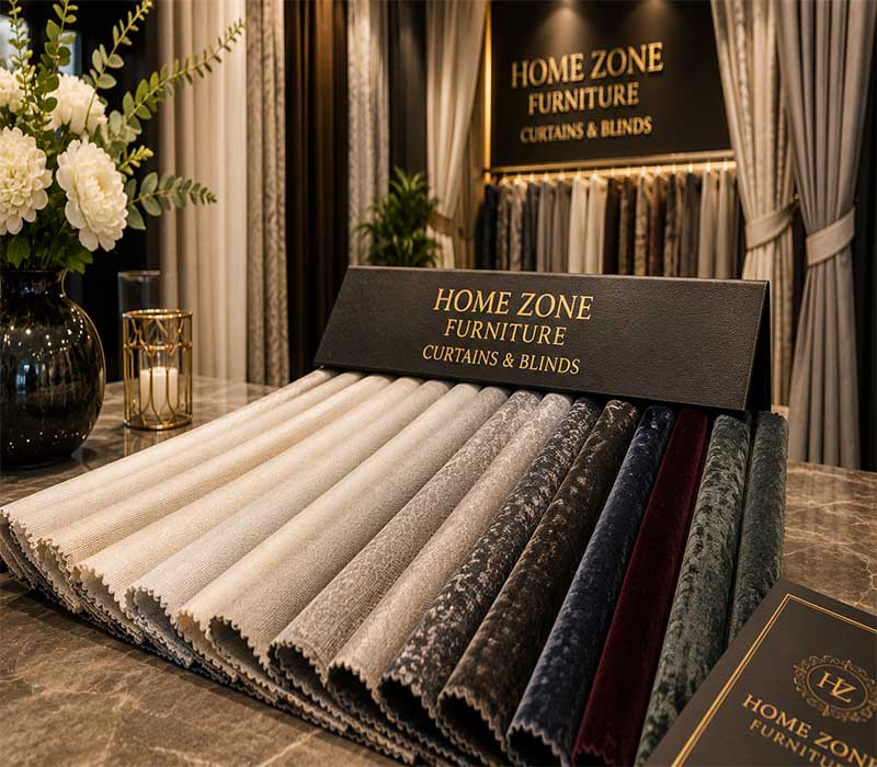 A close-up of high-quality linen and velvet fabric swatches used by Home Zone Furniture for Al Khawaneej residents.