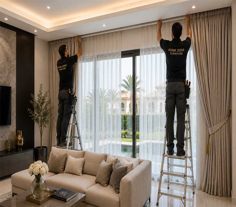 Professional installers from Home Zone Furniture fitting custom tracks in a modern Dubai home.