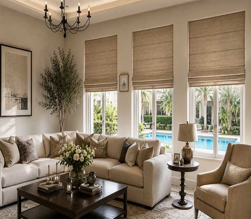 Custom soft-fold Roman blinds installed in a luxury Meadows villa by Home Zone Furniture.